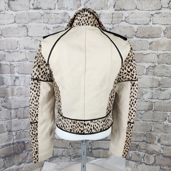 Diane Von Furstenberg DVF Theodora Leo Jacquard Leather Moto Jacket Cream Size 4 - Picture 9 of 16